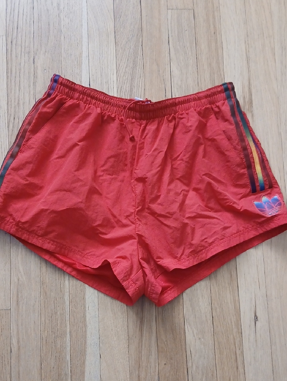Adidas Red Swim Shorts with Rainbow Side Stripes